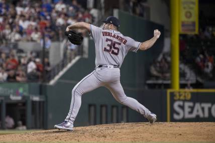 Sep 6, 2023; Arlington, Texas, USA; Houston Astros starting pitcher Justin Verlander (35) in action during the game between the Texas Rangers and the Houston Astros at Globe Life Field. Mandatory Credit: Jerome Miron-USA TODAY Sports