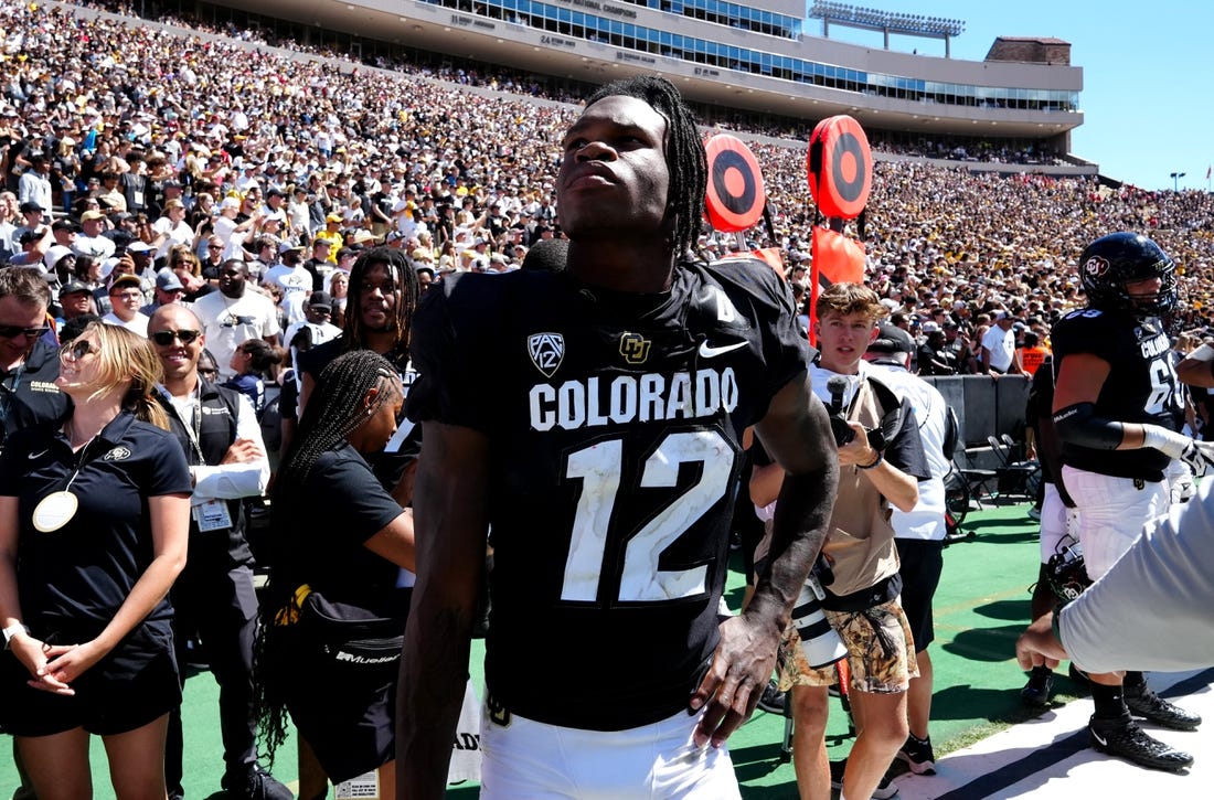 Sep 9, 2023; Boulder, Colorado, USA; Colorado Buffaloes cornerback Travis Hunter (12) following the game against the Nebraska Cornhuskers at Folsom Field. Mandatory Credit: Ron Chenoy-USA TODAY Sports