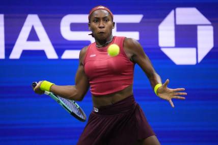 Sep 9, 2023; Flushing, NY, USA; Coco Gauff of the United States hits a forehand against Aryna Sabalenka (not pictured) in the women's singles final on day thirteen of the 2023 U.S. Open tennis tournament at USTA Billie Jean King Tennis Center. Mandatory Credit: Robert Deutsch-USA TODAY Sports