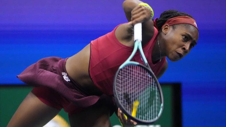 Sep 9, 2023; Flushing, NY, USA; Coco Gauff of the United States serves against Aryna Sabalenka (not pictured) in the women's singles final on day thirteen of the 2023 U.S. Open tennis tournament at USTA Billie Jean King Tennis Center. Mandatory Credit: Robert Deutsch-USA TODAY Sports