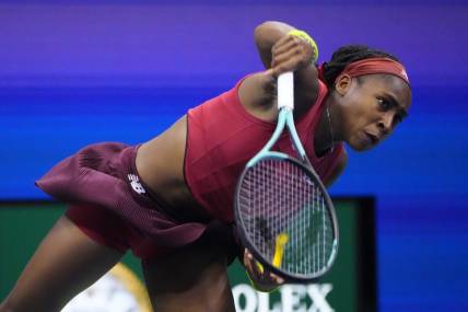 Sep 9, 2023; Flushing, NY, USA; Coco Gauff of the United States serves against Aryna Sabalenka (not pictured) in the women's singles final on day thirteen of the 2023 U.S. Open tennis tournament at USTA Billie Jean King Tennis Center. Mandatory Credit: Robert Deutsch-USA TODAY Sports