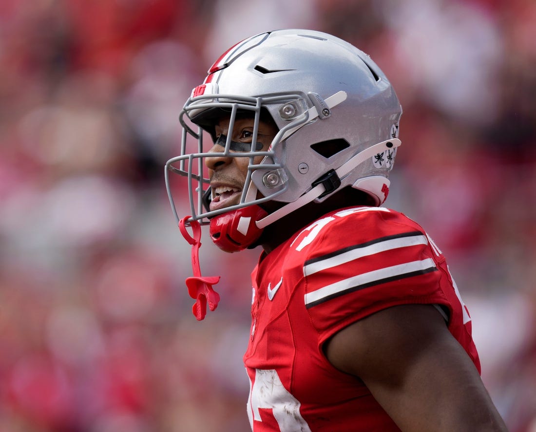 Sept. 9, 2023; Columbus, Oh., USA; 
Ohio State Buckeyes running back TreVeyon Henderson (32) was all smiles after scoring a touchdown during the second half of Saturday's NCAA Division I football game agaisnt the Youngstown State Penguins at Ohio Stadium.