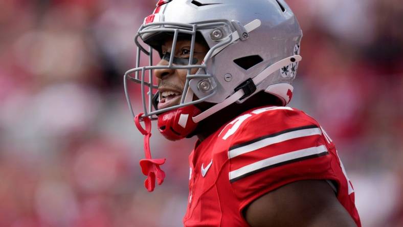 Sept. 9, 2023; Columbus, Oh., USA; 
Ohio State Buckeyes running back TreVeyon Henderson (32) was all smiles after scoring a touchdown during the second half of Saturday's NCAA Division I football game agaisnt the Youngstown State Penguins at Ohio Stadium.