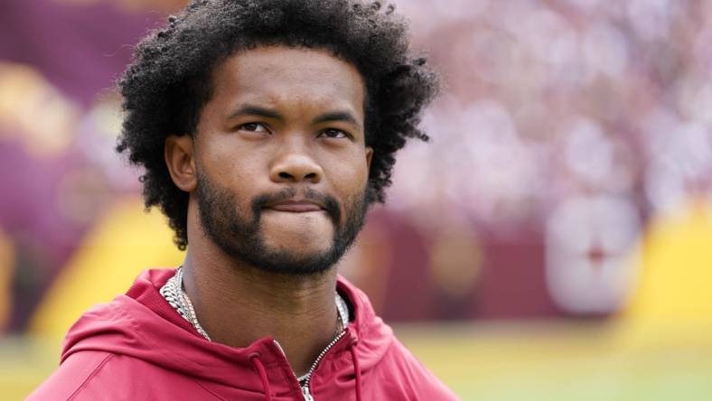 Sep 10, 2023; Landover, Maryland, USA; Arizona Cardinals quarterback Kyler Murray (1) stands on the sidelines before the start of the Washington Commanders and Arizona Cardinals game at FedExField. Mandatory Credit: Brent Skeen-USA TODAY Sports