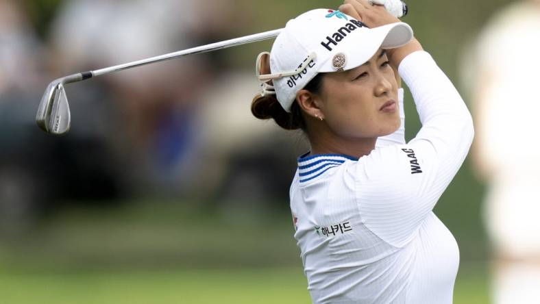 Sep 10, 2023; Cincinnati, Ohio, USA; Minjee Lee, of Australia, hits an approach shot on the 17th hole during the 2023 Kroger Queen City Championship in at Kenwood Country Club. Mandatory Credit: Albert Cesare-USA TODAY Sports