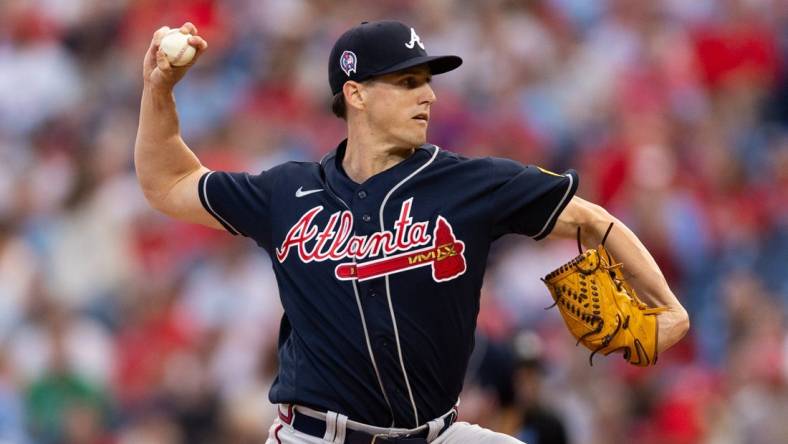 Sep 11, 2023; Philadelphia, Pennsylvania, USA; Atlanta Braves starting pitcher Kyle Wright (30) throws a pitch during the first inning against the Philadelphia Phillies at Citizens Bank Park. Mandatory Credit: Bill Streicher-USA TODAY Sports