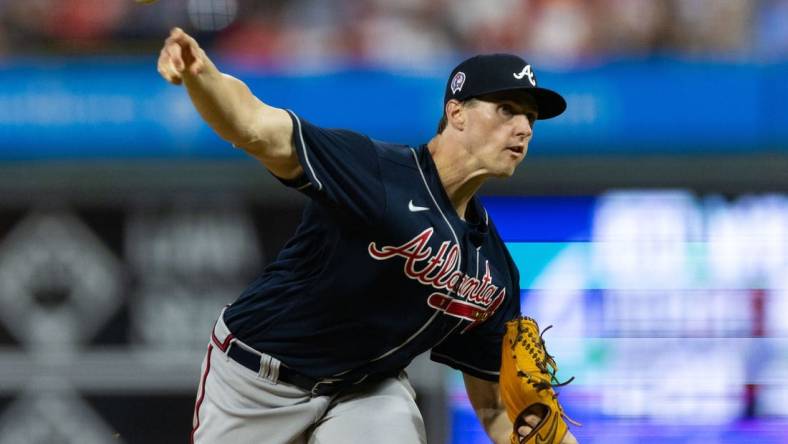 Sep 11, 2023; Philadelphia, Pennsylvania, USA; Atlanta Braves starting pitcher Kyle Wright (30) throws a pitch during the fourth inning against the Philadelphia Phillies at Citizens Bank Park. Mandatory Credit: Bill Streicher-USA TODAY Sports