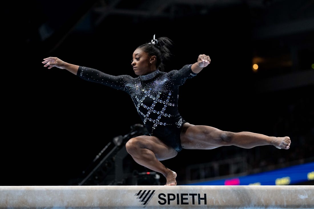 August 27, 2023; San Jose, California, USA; Simone Biles performs on the balance beam during the 2023 U.S. Gymnastics Championships at SAP Center. Mandatory Credit: Kyle Terada-USA TODAY