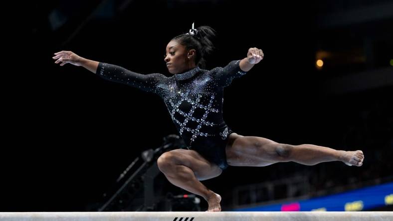 August 27, 2023; San Jose, California, USA; Simone Biles performs on the balance beam during the 2023 U.S. Gymnastics Championships at SAP Center. Mandatory Credit: Kyle Terada-USA TODAY