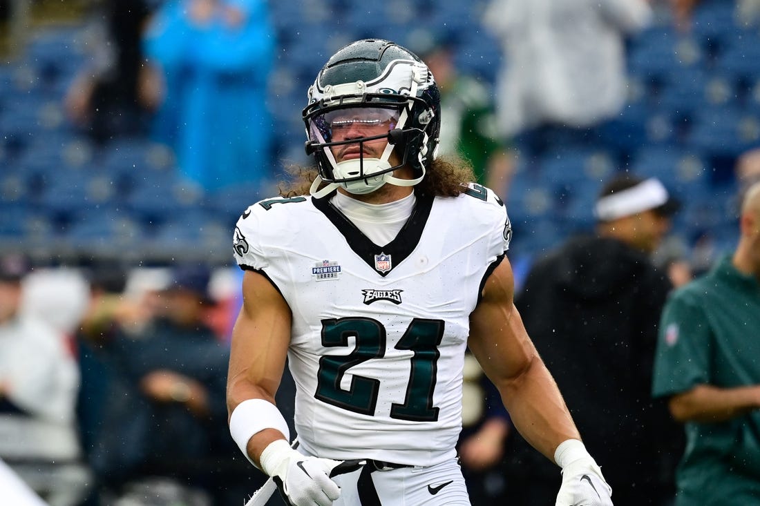 Sep 10, 2023; Foxborough, Massachusetts, USA; Philadelphia Eagles safety Sydney Brown (21) prepares for a game against the New England Patriots during the warm-up period at Gillette Stadium. Mandatory Credit: Eric Canha-USA TODAY Sports