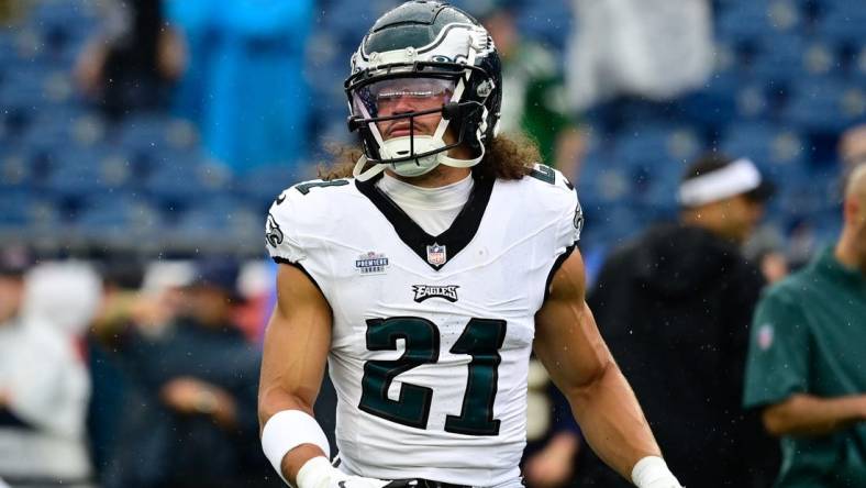 Sep 10, 2023; Foxborough, Massachusetts, USA; Philadelphia Eagles safety Sydney Brown (21) prepares for a game against the New England Patriots during the warm-up period at Gillette Stadium. Mandatory Credit: Eric Canha-USA TODAY Sports