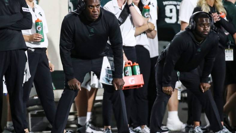 Michigan State head coach Mel Tucker watches a play against Central Michigan from the sideline during the second half at Spartan Stadium in East Lansing on Friday, Sept. 1, 2023.