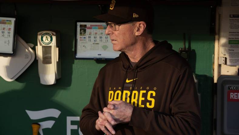 Sep 15, 2023; Oakland, California, USA; San Diego Padres manager Bob Melvin (3) prepares in the dugout before his team takes on the Oakland Athletics at Oakland-Alameda County Coliseum. Mandatory Credit: D. Ross Cameron-USA TODAY Sports