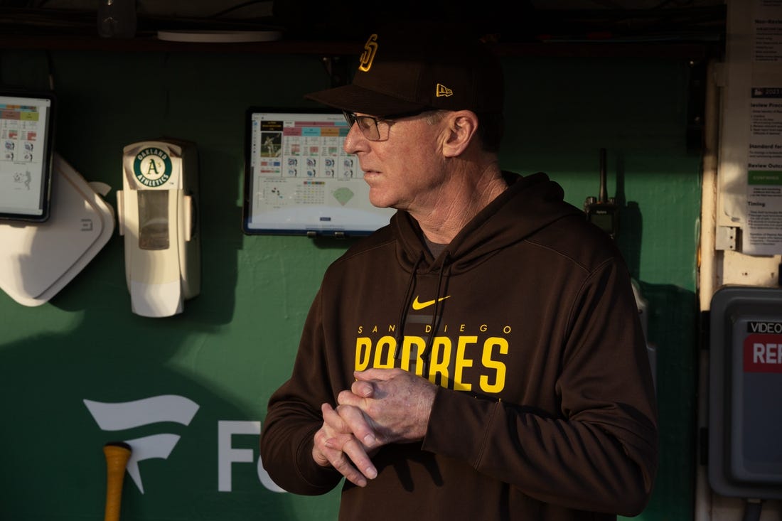 Sep 15, 2023; Oakland, California, USA; San Diego Padres manager Bob Melvin (3) prepares in the dugout before his team takes on the Oakland Athletics at Oakland-Alameda County Coliseum. Mandatory Credit: D. Ross Cameron-USA TODAY Sports