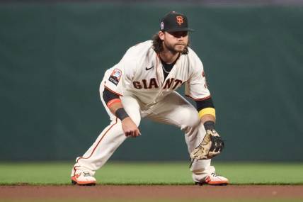 Sep 11, 2023; San Francisco, California, USA; San Francisco Giants shortstop  Brandon Crawford (35) against the Cleveland Guardians during the fourth inning at Oracle Park. Mandatory Credit: Robert Edwards-USA TODAY Sports
