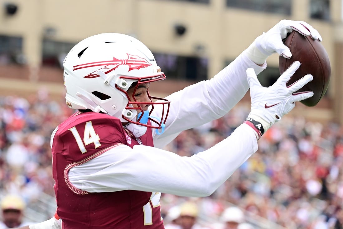 Sep 16, 2023; Chestnut Hill, Massachusetts, USA; Florida State Seminoles wide receiver Johnny Wilson (14) makes a catch during the first half against the Boston College Eagles at Alumni Stadium. Mandatory Credit: Eric Canha-USA TODAY Sports