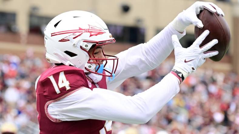 Sep 16, 2023; Chestnut Hill, Massachusetts, USA; Florida State Seminoles wide receiver Johnny Wilson (14) makes a catch during the first half against the Boston College Eagles at Alumni Stadium. Mandatory Credit: Eric Canha-USA TODAY Sports