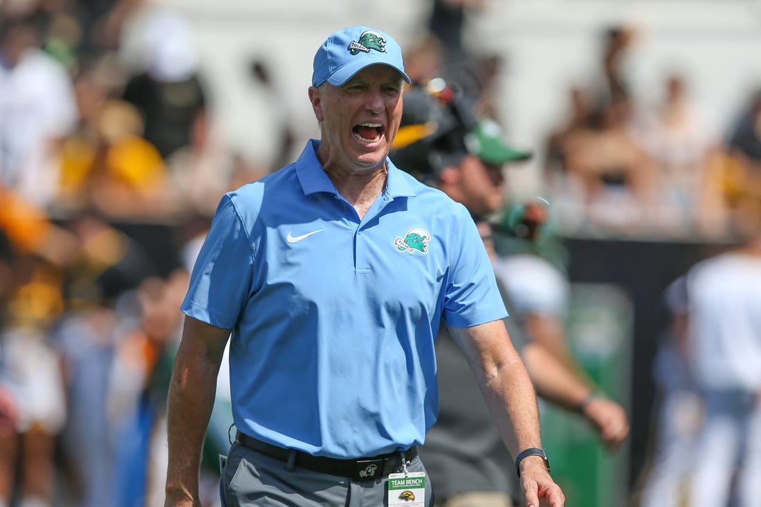 Sep 16, 2023; Hattiesburg, Mississippi, USA; Tulane Green Wave coach Willie Fritz yells to his players before their game against the Southern Miss Golden Eagles at M.M. Roberts Stadium. Mandatory Credit: Chuck Cook-USA TODAY Sports