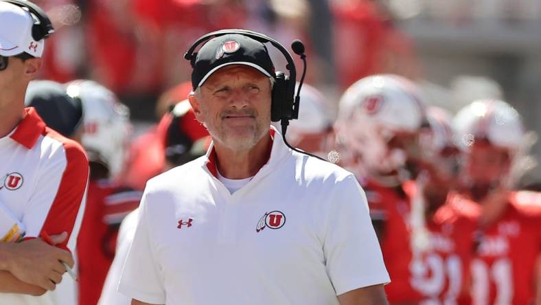 Sep 16, 2023; Salt Lake City, Utah, USA; Utah Utes head coach Kyle Whittingham looks on in the first half against the Weber State Wildcats at Rice-Eccles Stadium. Mandatory Credit: Rob Gray-USA TODAY Sports