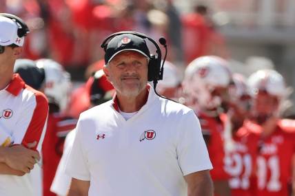 Sep 16, 2023; Salt Lake City, Utah, USA; Utah Utes head coach Kyle Whittingham looks on in the first half against the Weber State Wildcats at Rice-Eccles Stadium. Mandatory Credit: Rob Gray-USA TODAY Sports