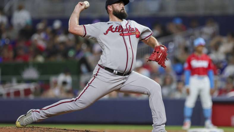 Sep 16, 2023; Miami, Florida, USA; Atlanta Braves relief pitcher Jackson Stephens (53) delivers a pitch against the Miami Marlins during the fifth inning at loanDepot Park. Mandatory Credit: Sam Navarro-USA TODAY Sports