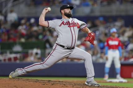 Sep 16, 2023; Miami, Florida, USA; Atlanta Braves relief pitcher Jackson Stephens (53) delivers a pitch against the Miami Marlins during the fifth inning at loanDepot Park. Mandatory Credit: Sam Navarro-USA TODAY Sports