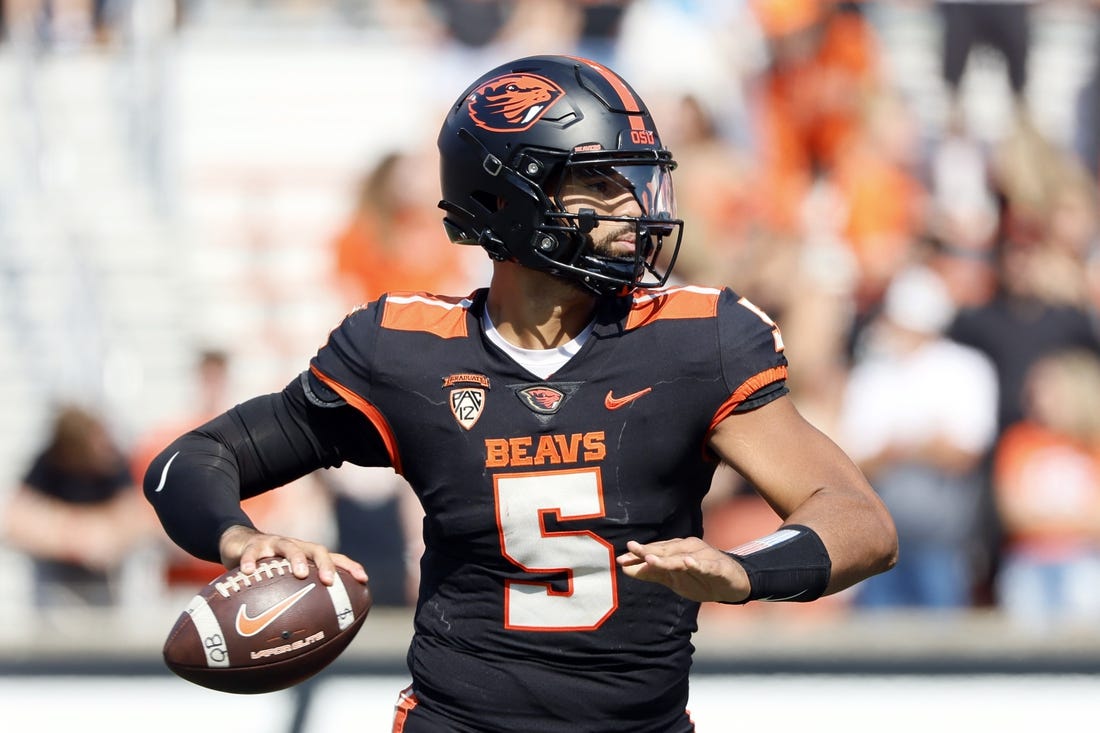 Sep 16, 2023; Corvallis, Oregon, USA; Oregon State Beavers quarterback DJ Uiagalelei (5) looks to throw during the second half against the San Diego State Aztecs at Reser Stadium. Mandatory Credit: Soobum Im-USA TODAY Sports