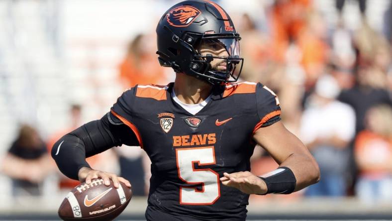 Sep 16, 2023; Corvallis, Oregon, USA; Oregon State Beavers quarterback DJ Uiagalelei (5) looks to throw during the second half against the San Diego State Aztecs at Reser Stadium. Mandatory Credit: Soobum Im-USA TODAY Sports