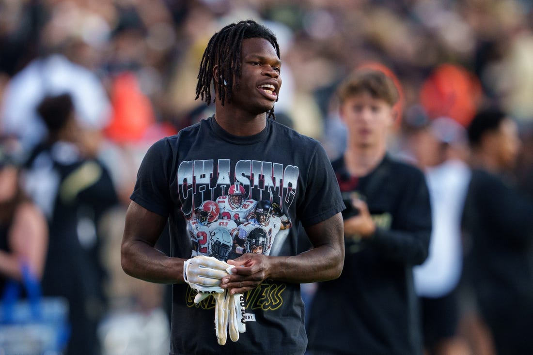 Sep 16, 2023; Boulder, Colorado, USA; Colorado Buffaloes cornerback Travis Hunter (12) warms up prior to the game against the Colorado State Rams at Folsom Field. Mandatory Credit: Andrew Wevers-USA TODAY Sports