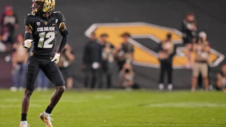 Sep 16, 2023; Boulder, Colorado, USA; Colorado Buffaloes cornerback Travis Hunter (12) walks on the field against the Colorado State Rams during the first half at Folsom Field. Mandatory Credit: Andrew Wevers-USA TODAY Sports