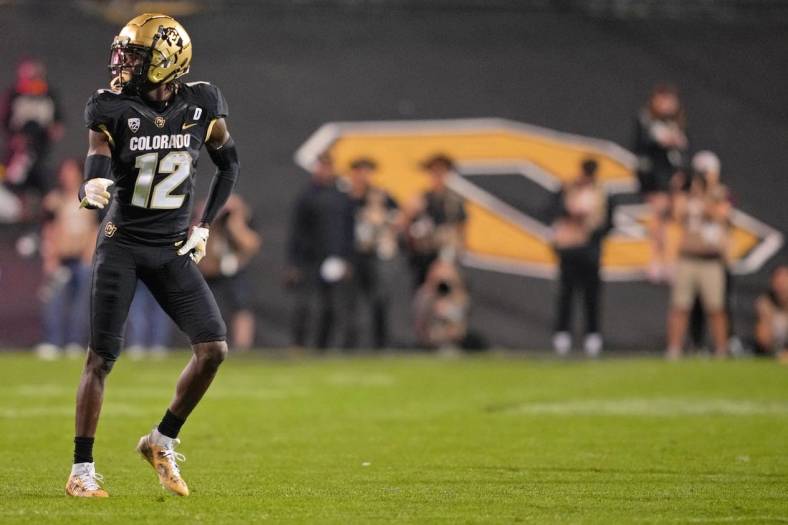 Sep 16, 2023; Boulder, Colorado, USA; Colorado Buffaloes cornerback Travis Hunter (12) walks on the field against the Colorado State Rams during the first half at Folsom Field. Mandatory Credit: Andrew Wevers-USA TODAY Sports