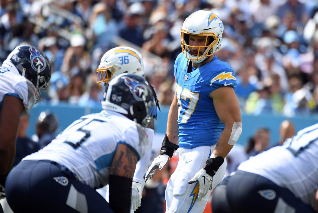 Sep 17, 2023; Nashville, Tennessee, USA; Los Angeles Chargers linebacker Joey Bosa (97) lines up before the snap during the second half against the Tennessee Titans at Nissan Stadium. Mandatory Credit: Christopher Hanewinckel-USA TODAY Sports