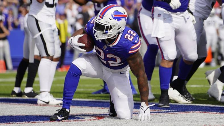 Sep 17, 2023; Orchard Park, New York, USA; Buffalo Bills running back Damien Harris (22) reacts to scoring a touchdown against the Las Vegas Raiders during the second half at Highmark Stadium. Mandatory Credit: Gregory Fisher-USA TODAY Sports