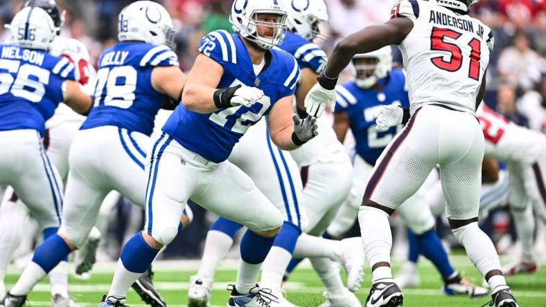 Sep 17, 2023; Houston, Texas, USA; Indianapolis Colts offensive tackle Braden Smith (72) in action during the first half against the Houston Texans at NRG Stadium. Mandatory Credit: Maria Lysaker-USA TODAY Sports