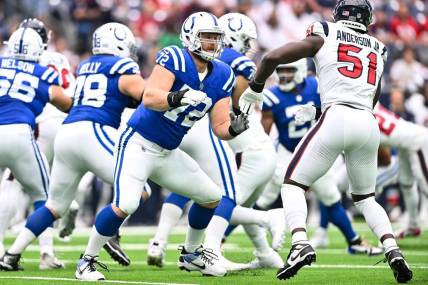 Sep 17, 2023; Houston, Texas, USA; Indianapolis Colts offensive tackle Braden Smith (72) in action during the first half against the Houston Texans at NRG Stadium. Mandatory Credit: Maria Lysaker-USA TODAY Sports