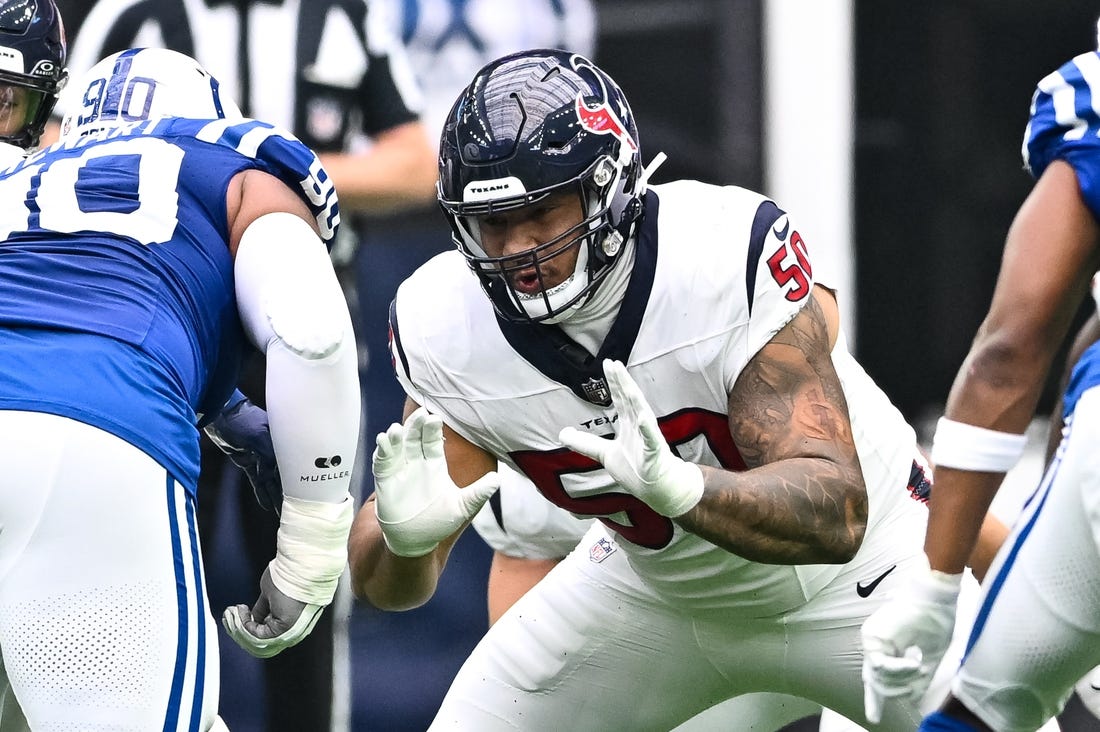 Sep 17, 2023; Houston, Texas, USA; Houston Texans guard Kendrick Green (50) in action during the first quarter against the Indianapolis Colts at NRG Stadium. Mandatory Credit: Maria Lysaker-USA TODAY Sports