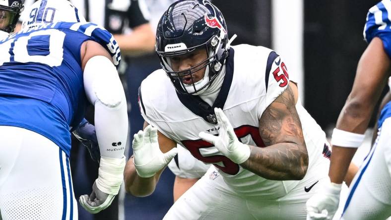 Sep 17, 2023; Houston, Texas, USA; Houston Texans guard Kendrick Green (50) in action during the first quarter against the Indianapolis Colts at NRG Stadium. Mandatory Credit: Maria Lysaker-USA TODAY Sports