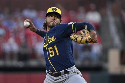 Sep 18, 2023; St. Louis, Missouri, USA;  Milwaukee Brewers starting pitcher Freddy Peralta (51) pitches against the St. Louis Cardinals during the first inning at Busch Stadium. Mandatory Credit: Jeff Curry-USA TODAY Sports