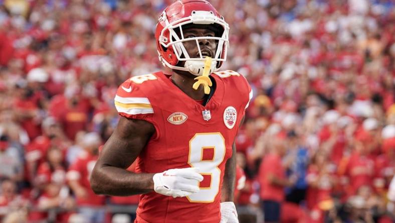 Sep 7, 2023; Kansas City, Missouri, USA; Kansas City Chiefs wide receiver Justyn Ross (8) runs onto the field against the Detroit Lions prior to a game at GEHA Field at Arrowhead Stadium. Mandatory Credit: Denny Medley-USA TODAY Sports