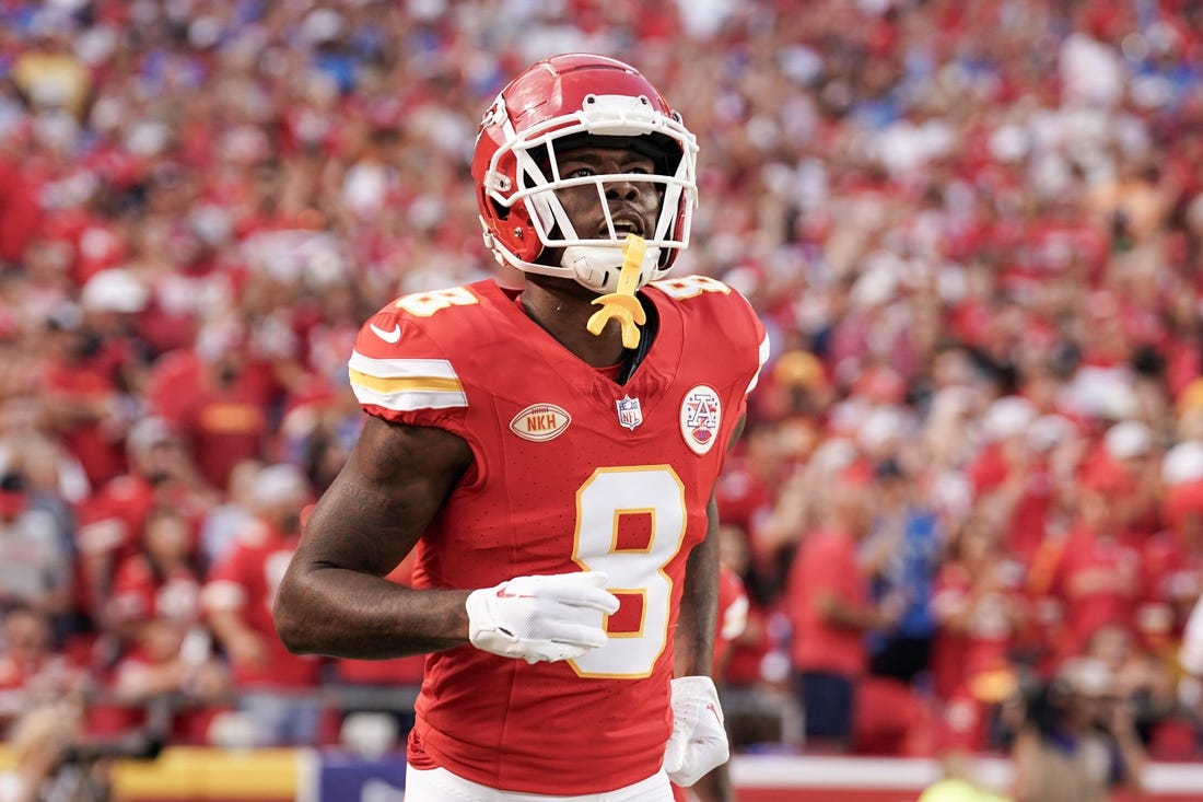 Sep 7, 2023; Kansas City, Missouri, USA; Kansas City Chiefs wide receiver Justyn Ross (8) runs onto the field against the Detroit Lions prior to a game at GEHA Field at Arrowhead Stadium. Mandatory Credit: Denny Medley-USA TODAY Sports