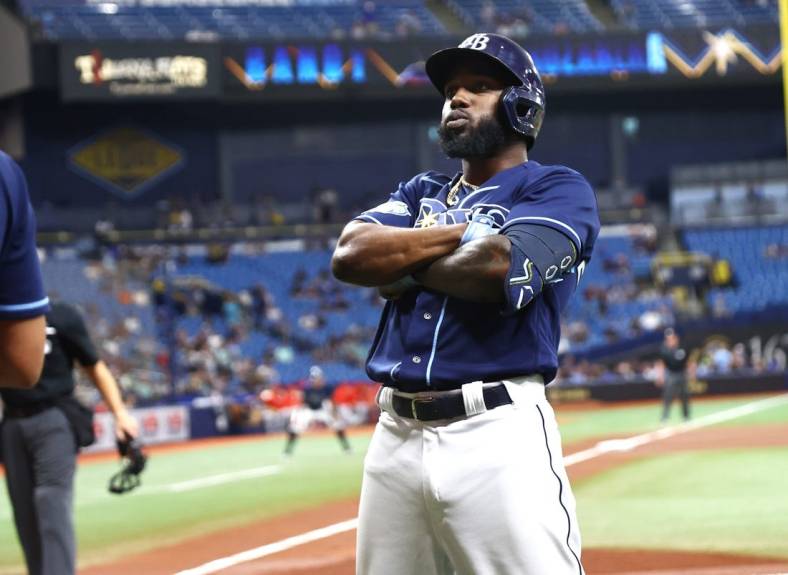 Sep 19, 2023; St. Petersburg, Florida, USA;  Tampa Bay Rays left fielder Randy Arozarena (56) celebrates after hitting a two-run home run against the Los Angeles Angels during the first inning at Tropicana Field. Mandatory Credit: Kim Klement Neitzel-USA TODAY Sports