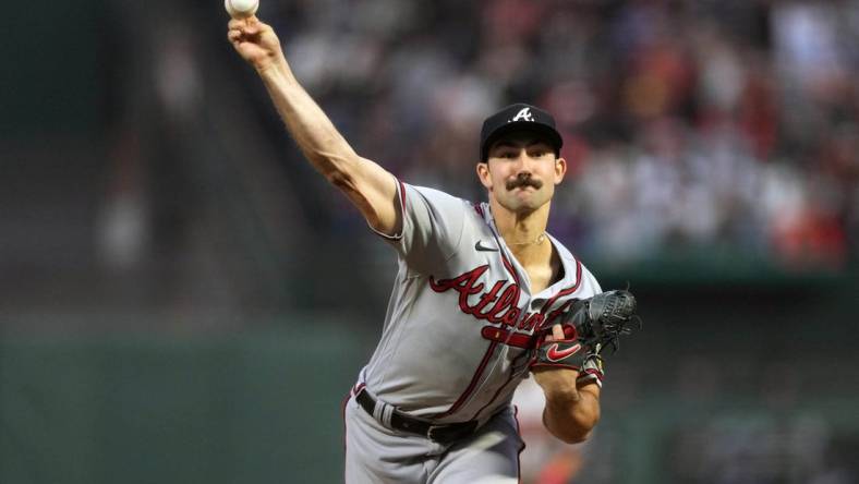 Aug 25, 2023; San Francisco, California, USA; Atlanta Braves starting pitcher Spencer Strider (99) throws a pitch against the San Francisco Giants during the third inning at Oracle Park. Mandatory Credit: Darren Yamashita-USA TODAY Sports