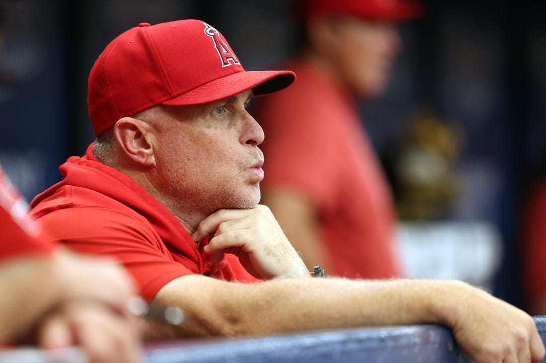 Sep 21, 2023; St. Petersburg, Florida, USA; Los Angeles Angels manager Phil Nevin looks on against the Tampa Bay Rays during the ninth inning at Tropicana Field. Mandatory Credit: Kim Klement Neitzel-USA TODAY Sports