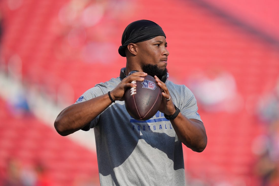 September 21, 2023; Santa Clara, California, USA; New York Giants running back Saquon Barkley (26) before the game against the San Francisco 49ers at Levi's Stadium. Mandatory Credit: Kyle Terada-USA TODAY Sports