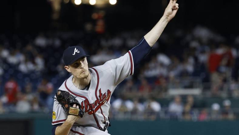 Sep 21, 2023; Washington, District of Columbia, USA; Atlanta Braves starting pitcher Max Fried (54) pitches against the Washington Nationals during the first inning at Nationals Park. Mandatory Credit: Geoff Burke-USA TODAY Sports