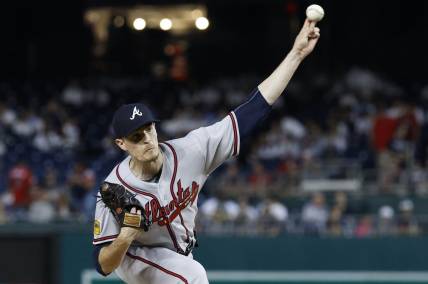 Sep 21, 2023; Washington, District of Columbia, USA; Atlanta Braves starting pitcher Max Fried (54) pitches against the Washington Nationals during the first inning at Nationals Park. Mandatory Credit: Geoff Burke-USA TODAY Sports