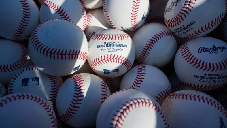 Sep 21, 2023; Oakland, California, USA; A general view of baseballs in a bin before the game between the Detroit Tigers and the Oakland Athletics at Oakland-Alameda County Coliseum. Mandatory Credit: Robert Edwards-USA TODAY Sports