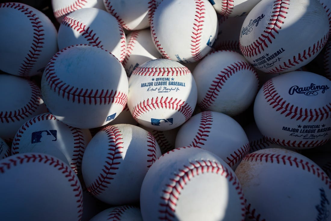 Sep 21, 2023; Oakland, California, USA; A general view of baseballs in a bin before the game between the Detroit Tigers and the Oakland Athletics at Oakland-Alameda County Coliseum. Mandatory Credit: Robert Edwards-USA TODAY Sports