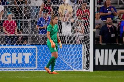 United States goalkeeper Alyssa Naeher (1) stands in position in the first half of the Woman   s Soccer International Friendly match between the United States National Teams and the South Africa at TQL Stadium in Cincinnati on Thursday, Sept. 21, 2023. USA led 3-0 at halftime.