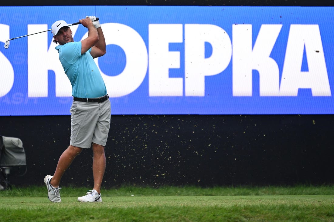 Sep 22, 2023; Sugar Grove, Illinois, USA; Brooks Koepka tees off from the 17th tee during the first round of the LIV Golf Chicago golf tournament at Rich Harvest Farms. Mandatory Credit: Jamie Sabau-USA TODAY Sports